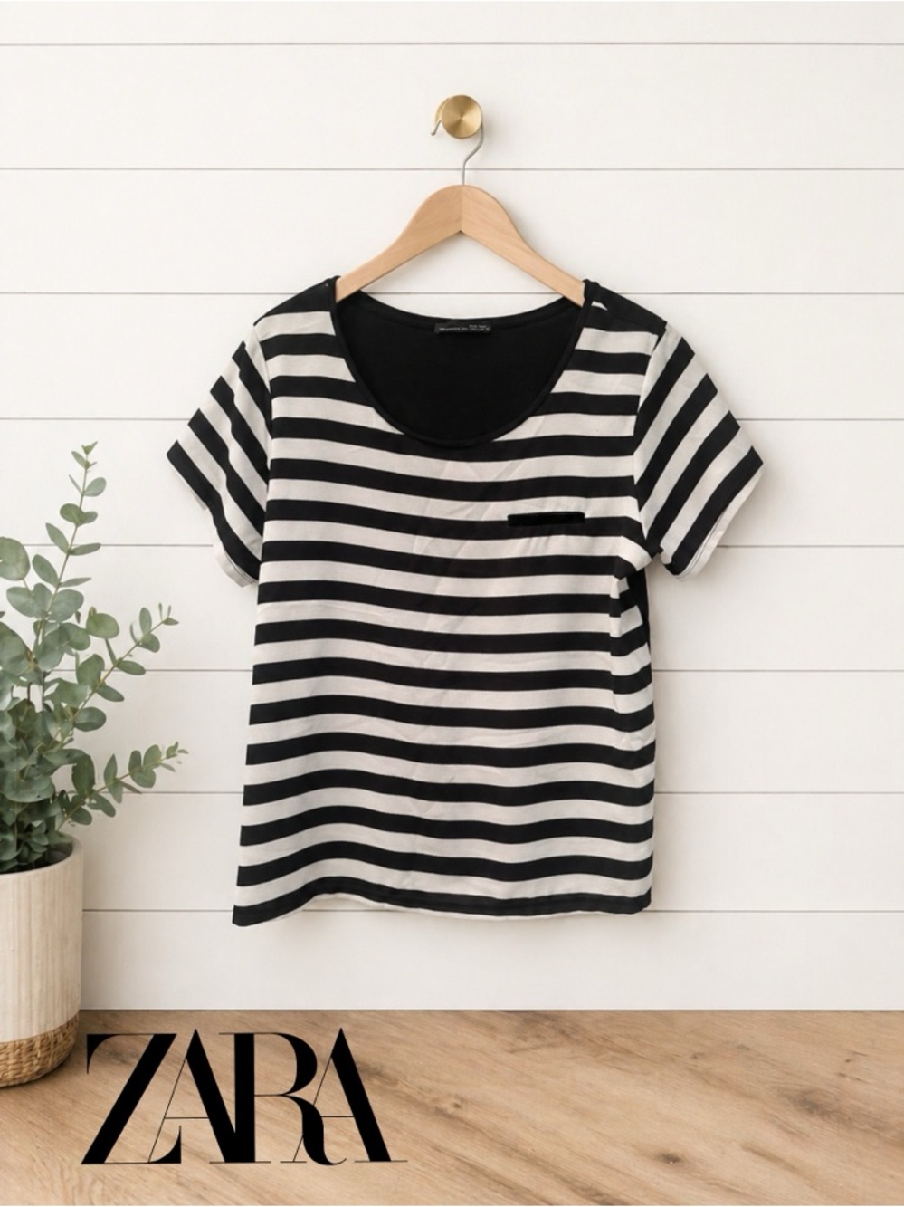 🖤🤍Zara Black & White Striped Blouse | Classic Chic Pocket Top | Size Large